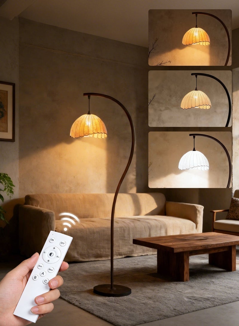 LED Floor Lamp, 12W S-Shaped Crescent Floor Lamp with Remote Control and Foot Switch, Bohemian Style Fabric Lampshade, Suitable for Living Room, Bedroom, and Hotel, Black - Image 1